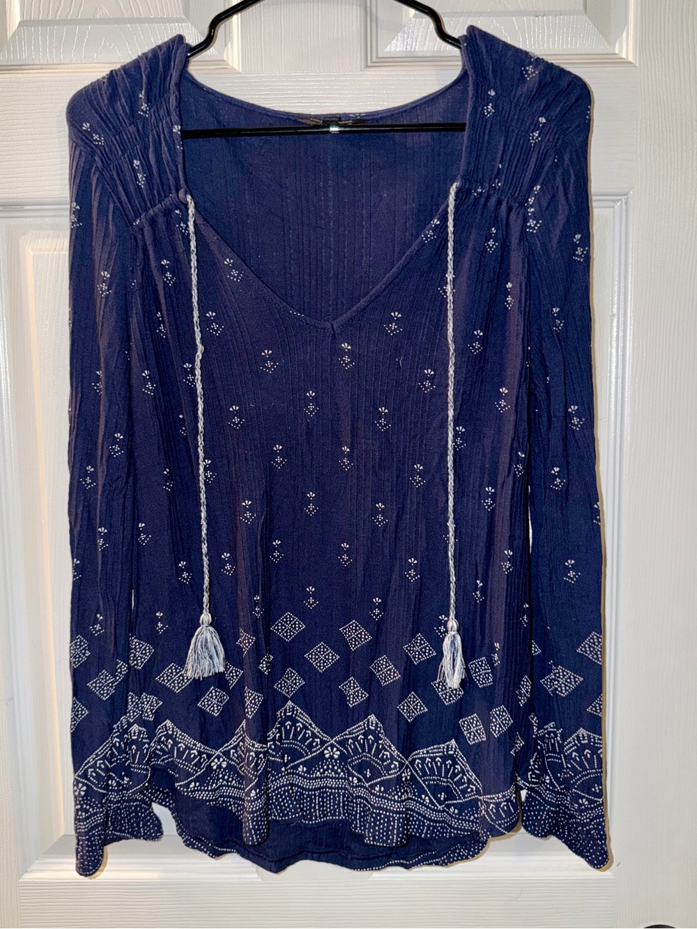 Lucky Brand Navy Blue Peasant Tunic with White Tassels